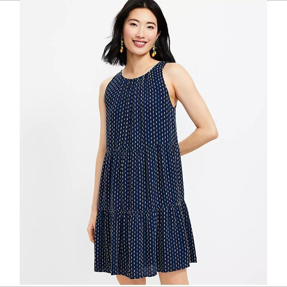 Loft Clip Tiered Swing sleeveless shift dress navy blue tiered green pick Medium
